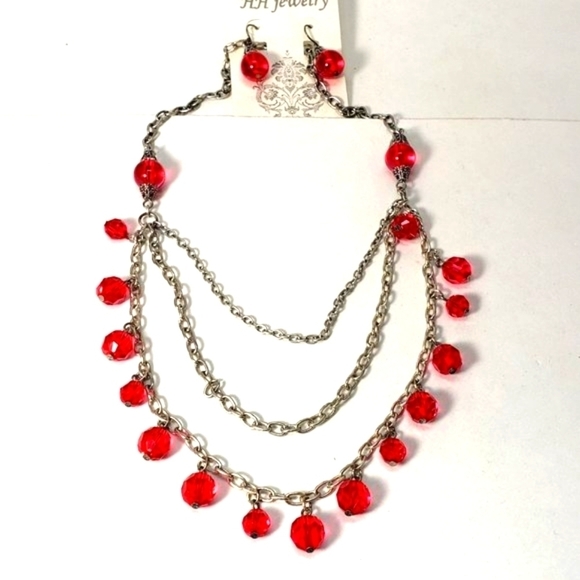Women's Layered Silver tone & Pink Drop Beaded Necklace with Matching Earrings - Picture 1 of 6